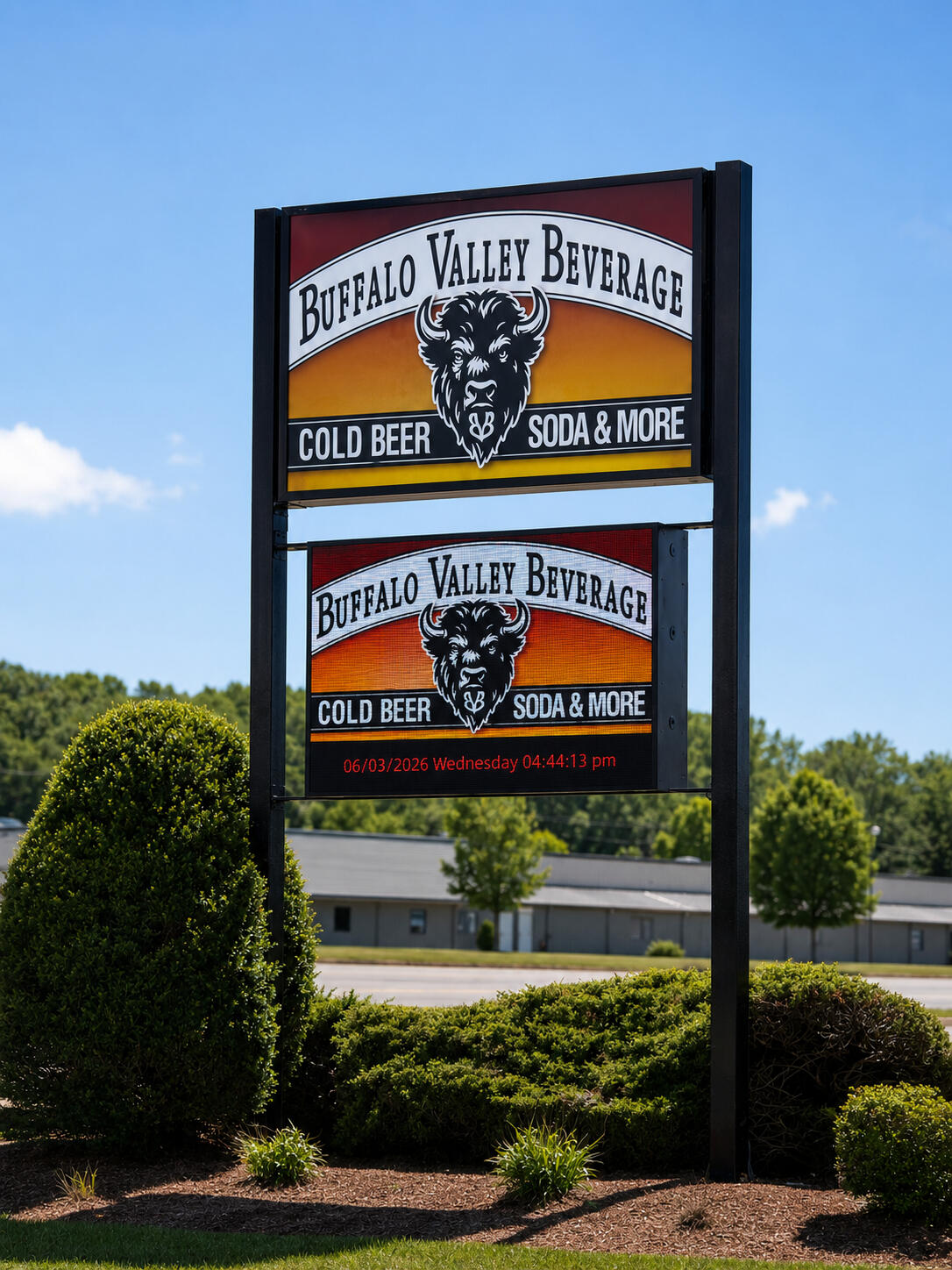 Exterior view of Buffalo Valley Beverage sign in Mifflinburg, Pennsylvania.